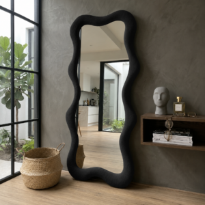 Miroir Curvy Wood – Design Ondulé en Tissu Bouclette - Noir