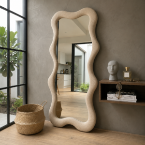 Miroir Curvy Wood – Design Ondulé en Tissu Bouclette - Beige