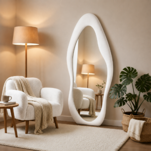Elegant Mirror – Miroir Design Ondulé en Tissu Bouclette - Blanc