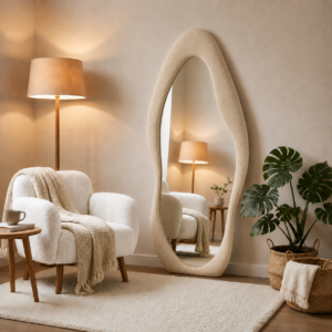 Elegant Mirror – Miroir Design Ondulé en Tissu Bouclette - Beige