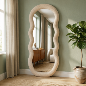 Miroir Bulle – Design Ondulé en Tissu Bouclette - Beige