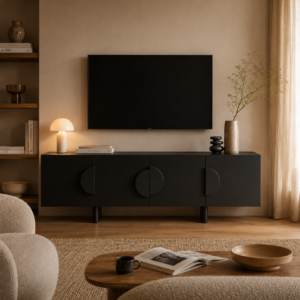 Meuble TV Laura au design géométrique élégant avec poignées demi-lune décoratives