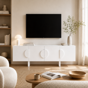 Meuble TV Laura au design géométrique élégant avec poignées demi-lune décoratives