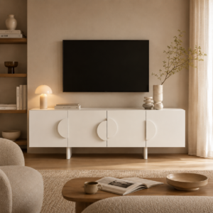 Meuble TV Laura au design géométrique élégant avec poignées demi-lune décoratives