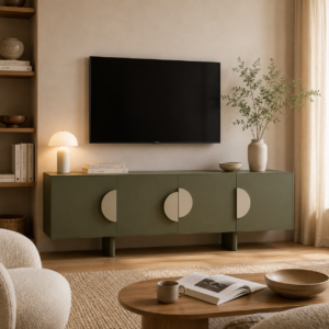 Meuble TV Laura au design géométrique élégant avec poignées demi-lune décoratives
