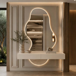 Duo Aura & Line – Miroir Curvy Avec Tiroir - Blanc cassé
