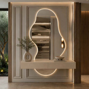 Duo Aura & Line – Miroir Curvy Avec Tiroir - Beige