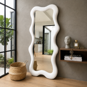 Miroir Curvy Wood – Design Ondulé en Tissu Bouclette - Blanc